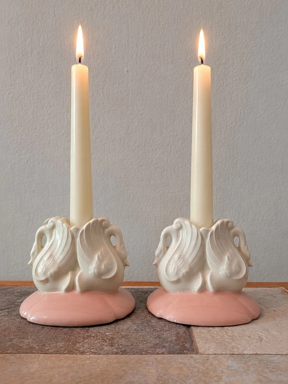 Vintage Porcelain Dramatic Figural Swan Taper Candle Holders Mantel Piece Decor